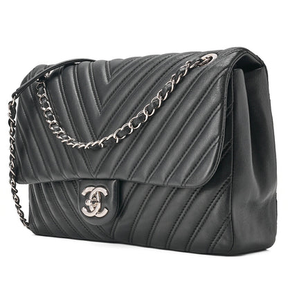 CHANEL Lambskin V-Stitch S Flap Turn Lock W Chain Shoulder Bag Black Silver-Tone Hardware, Pre-Owned