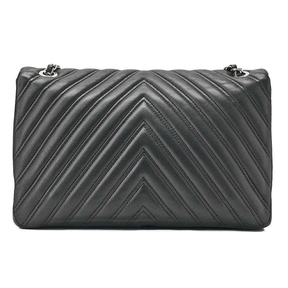 CHANEL Lambskin V-Stitch S Flap Turn Lock W Chain Shoulder Bag Black Silver-Tone Hardware, Pre-Owned