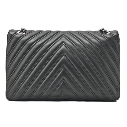 CHANEL Lambskin V-Stitch S Flap Turn Lock W Chain Shoulder Bag Black Silver-Tone Hardware, Pre-Owned