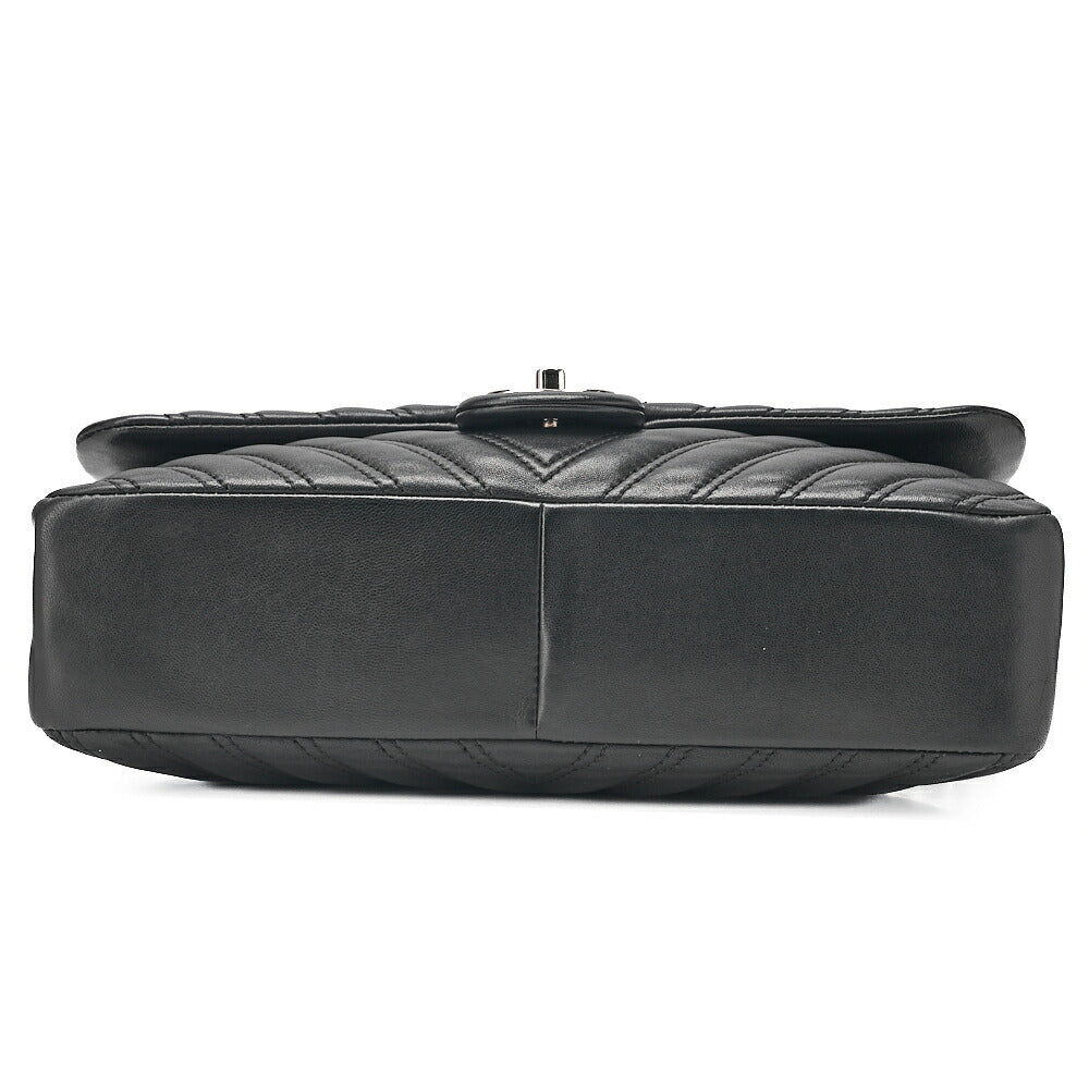 CHANEL Lambskin V-Stitch S Flap Turn Lock W Chain Shoulder Bag Black Silver-Tone Hardware, Pre-Owned