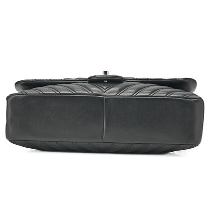 CHANEL Lambskin V-Stitch S Flap Turn Lock W Chain Shoulder Bag Black Silver-Tone Hardware, Pre-Owned