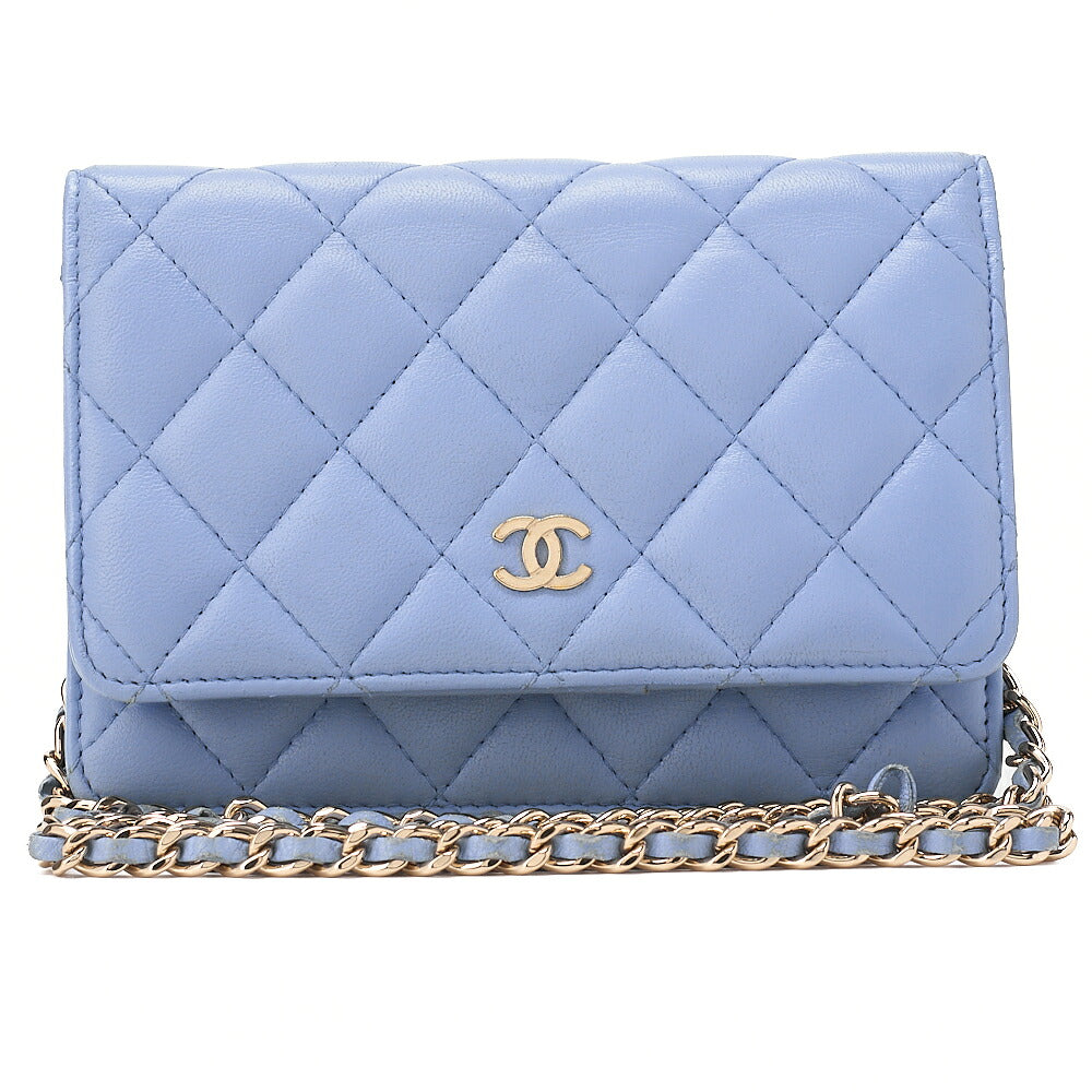 CHANEL Chain Shoulder Bag Matelasse Chain Wallet Lambskin Sky Blue Gold-Tone Hardware, Pre-Owned