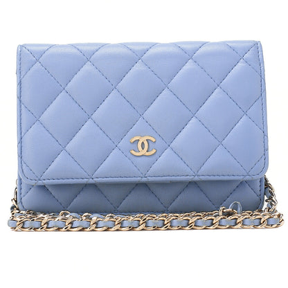 CHANEL Chain Shoulder Bag Matelasse Chain Wallet Lambskin Sky Blue Gold-Tone Hardware, Pre-Owned