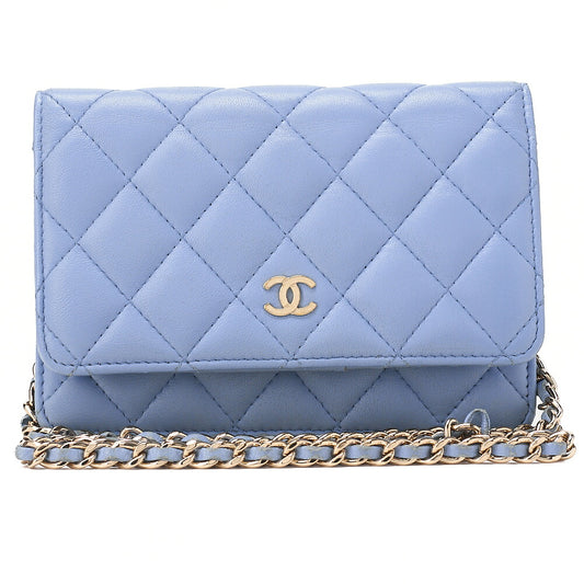 CHANEL Chain Shoulder Bag Matelasse Chain Wallet Lambskin Sky Blue Gold-Tone Hardware, Pre-Owned