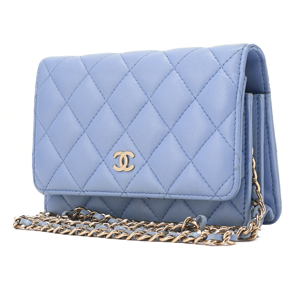 CHANEL Chain Shoulder Bag Matelasse Chain Wallet Lambskin Sky Blue Gold-Tone Hardware, Pre-Owned