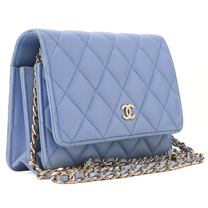 CHANEL Chain Shoulder Bag Matelasse Chain Wallet Lambskin Sky Blue Gold-Tone Hardware, Pre-Owned