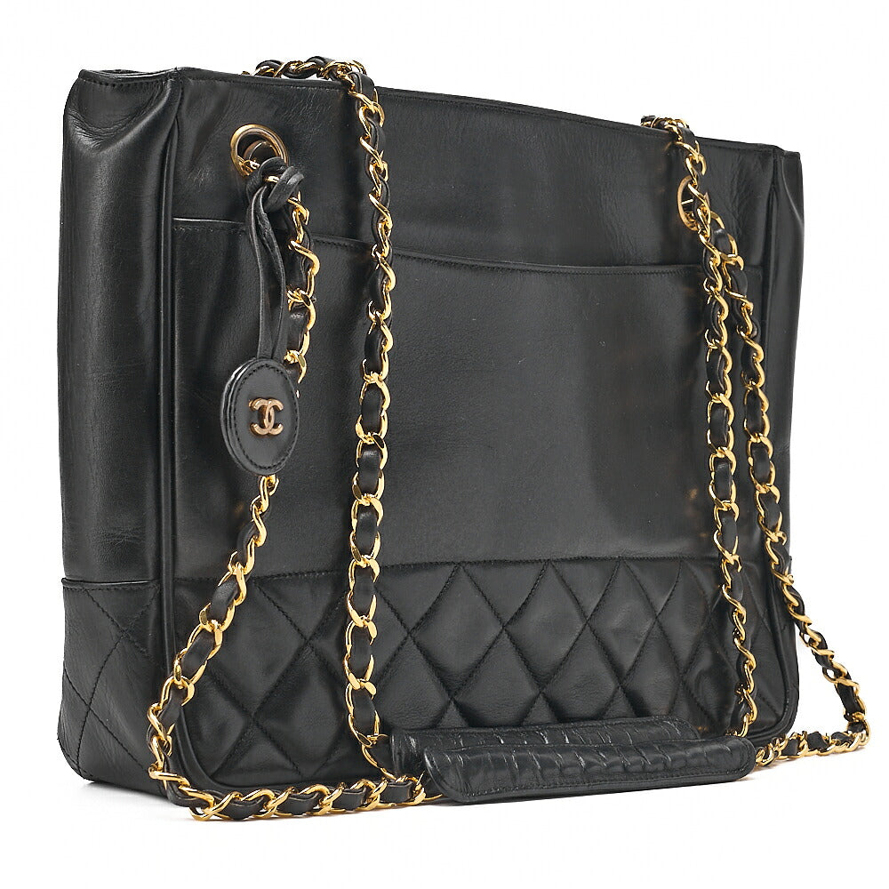 CHANEL Matelasse Double Chain Shoulder with Pull Charm Lambskin Black Gold-Tone Hardware, Pre-Owned
