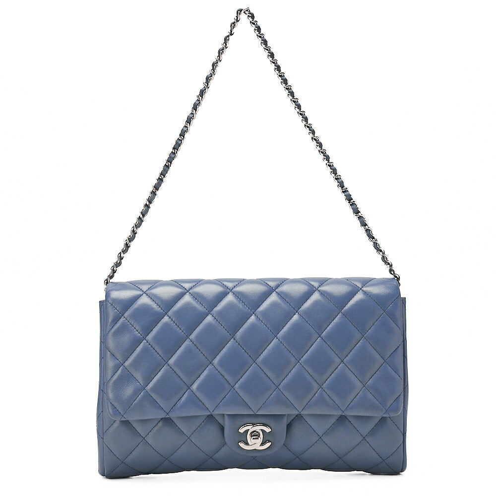 CHANEL Lambskin Matelasse 27cm Single Flap Chain Shoulder Bag Deep Blue Silver-Tone Hardware, Pre-Owned