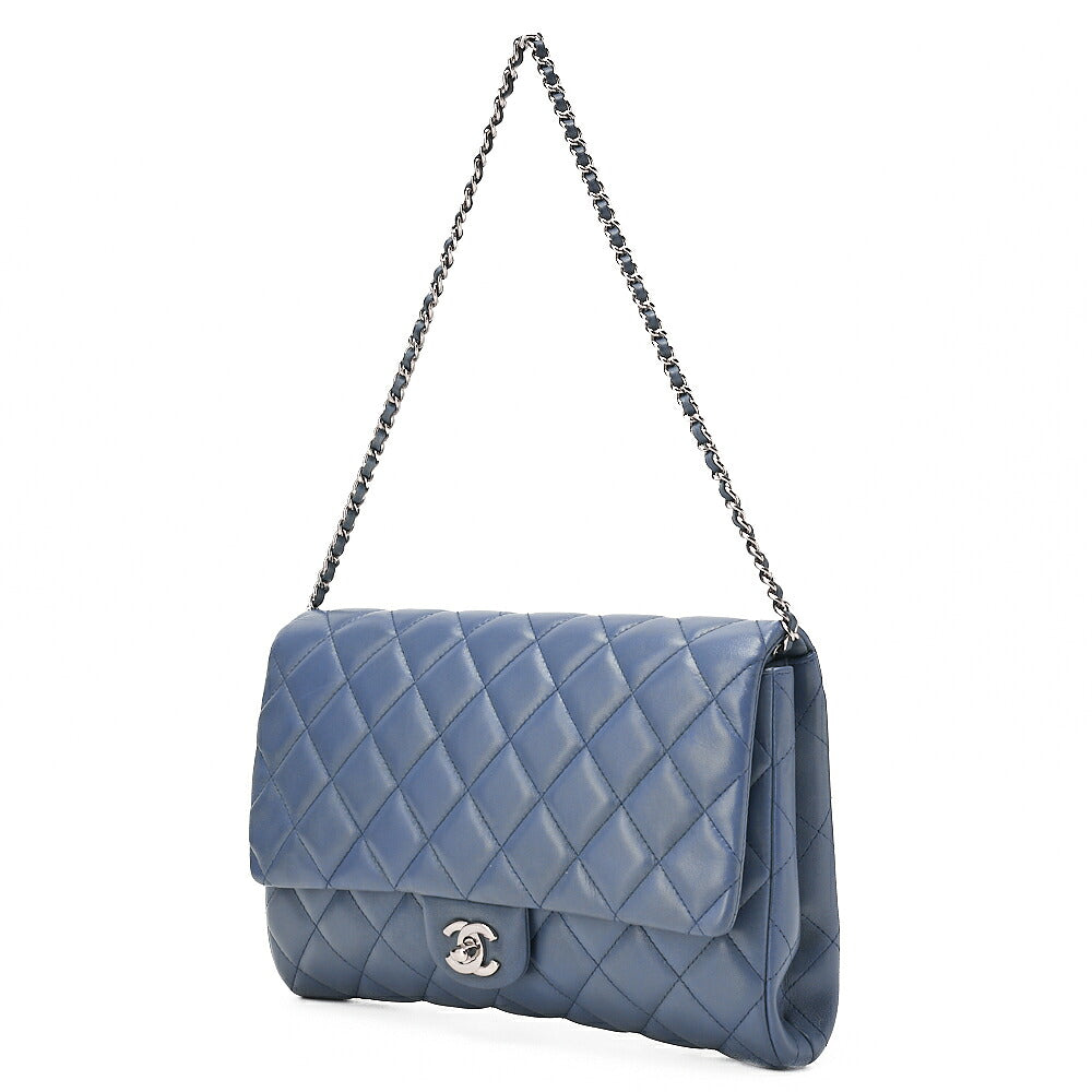 CHANEL Lambskin Matelasse 27cm Single Flap Chain Shoulder Bag Deep Blue Silver-Tone Hardware, Pre-Owned