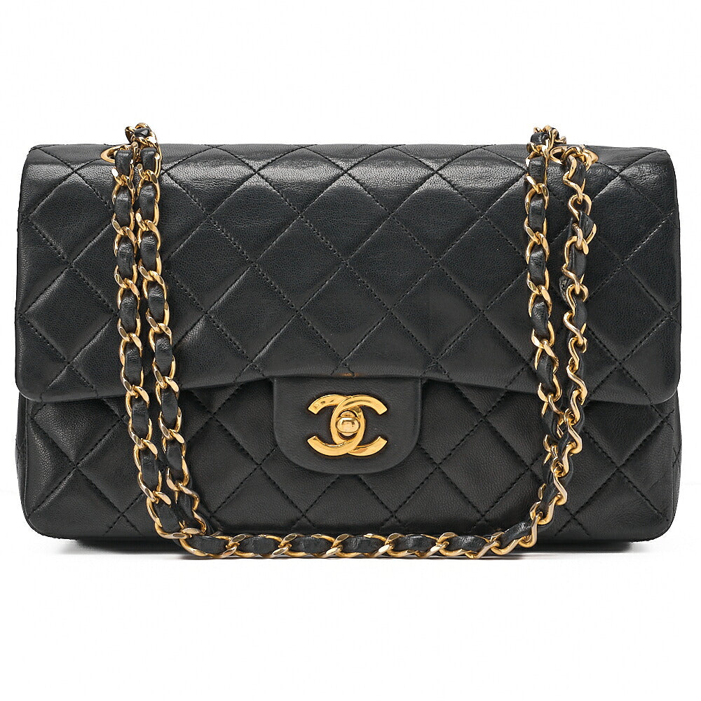 CHANEL Lambskin Matelasse Double Flap 25cm Chain Shoulder Black Gold-Tone Hardware, Pre-Owned