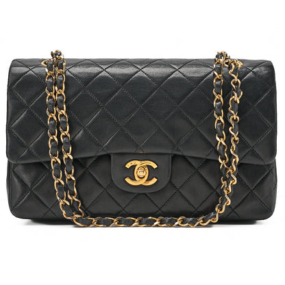 CHANEL Lambskin Matelasse Double Flap 25cm Chain Shoulder Black Gold-Tone Hardware, Pre-Owned