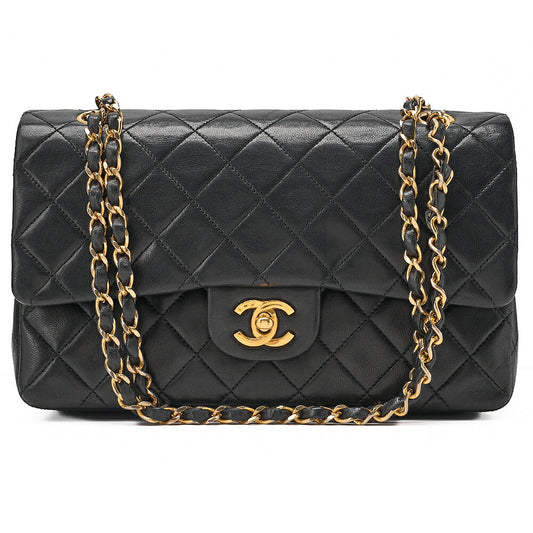 CHANEL Lambskin Matelasse Double Flap 25cm Chain Shoulder Black Gold-Tone Hardware, Pre-Owned