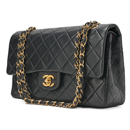 CHANEL Lambskin Matelasse Double Flap 25cm Chain Shoulder Black Gold-Tone Hardware, Pre-Owned