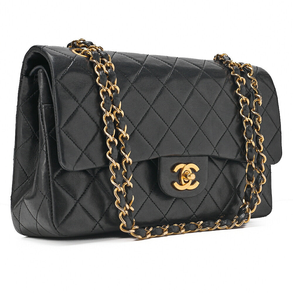 CHANEL Lambskin Matelasse Double Flap 25cm Chain Shoulder Black Gold-Tone Hardware, Pre-Owned