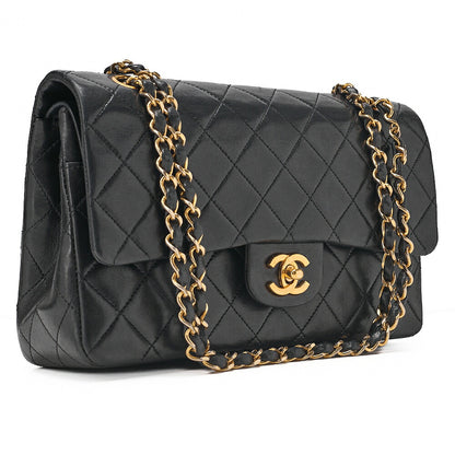 CHANEL Lambskin Matelasse Double Flap 25cm Chain Shoulder Black Gold-Tone Hardware, Pre-Owned
