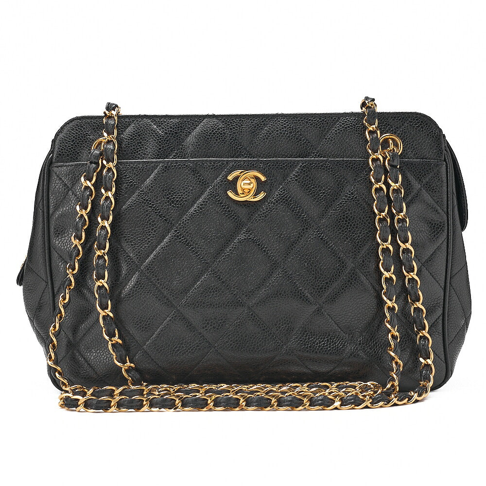 CHANEL Caviar Skin Matelasse Turn Lock Plate Charm Attached Chain Shoulder Black Gold-Tone Hardware, Pre-Owned