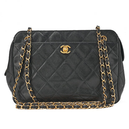 CHANEL Caviar Skin Matelasse Turn Lock Plate Charm Attached Chain Shoulder Black Gold-Tone Hardware, Pre-Owned
