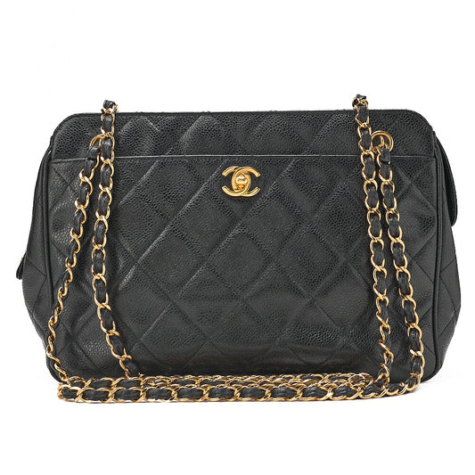 CHANEL Caviar Skin Matelasse Turn Lock Plate Charm Attached Chain Shoulder Black Gold-Tone Hardware, Pre-Owned