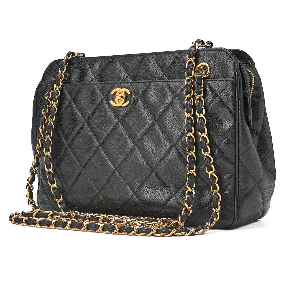 CHANEL Caviar Skin Matelasse Turn Lock Plate Charm Attached Chain Shoulder Black Gold-Tone Hardware, Pre-Owned