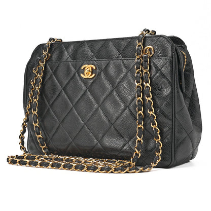 CHANEL Caviar Skin Matelasse Turn Lock Plate Charm Attached Chain Shoulder Black Gold-Tone Hardware, Pre-Owned