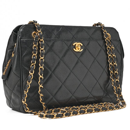 CHANEL Caviar Skin Matelasse Turn Lock Plate Charm Attached Chain Shoulder Black Gold-Tone Hardware, Pre-Owned