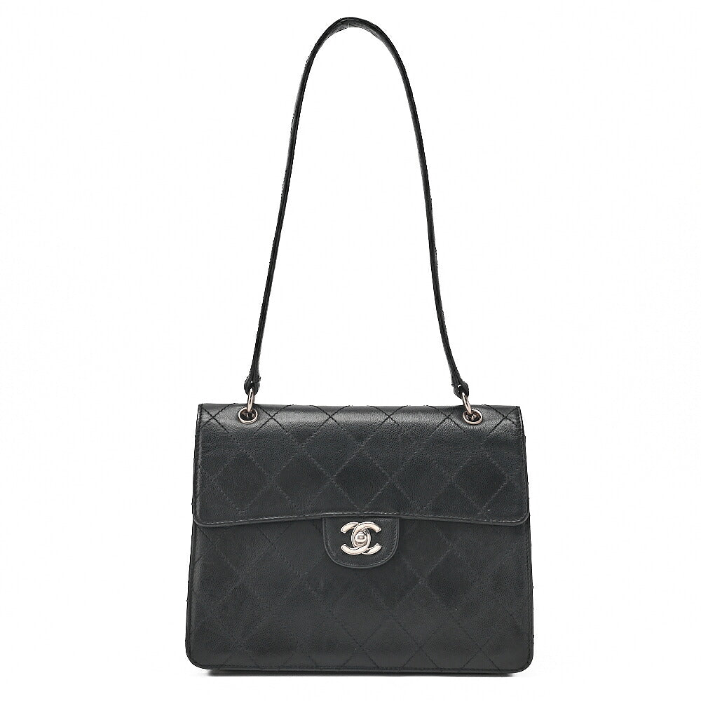 CHANEL Caviar Skin Matelasse Shoulder Bag Black Silver-Tone Hardware, Pre-Owned