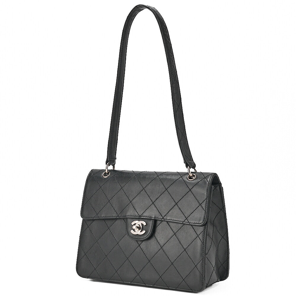 CHANEL Caviar Skin Matelasse Shoulder Bag Black Silver-Tone Hardware, Pre-Owned