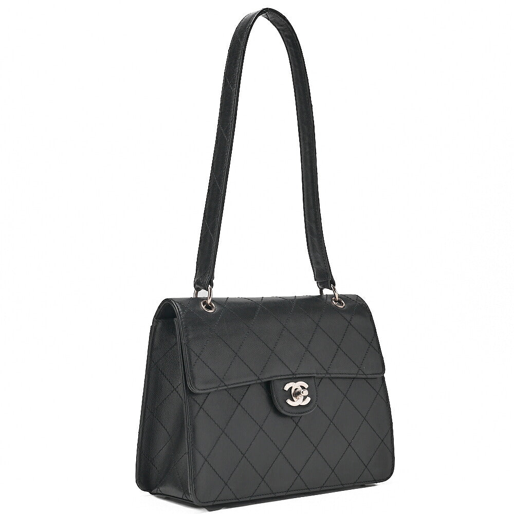 CHANEL Caviar Skin Matelasse Shoulder Bag Black Silver-Tone Hardware, Pre-Owned