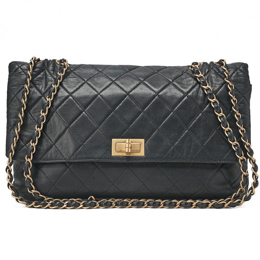 CHANEL Vintage Calf Matelasse 2.55 Turn Lock Chain Shoulder Black-Tone Hardware, Pre-Owned