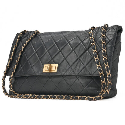 CHANEL Vintage Calf Matelasse 2.55 Turn Lock Chain Shoulder Black-Tone Hardware, Pre-Owned