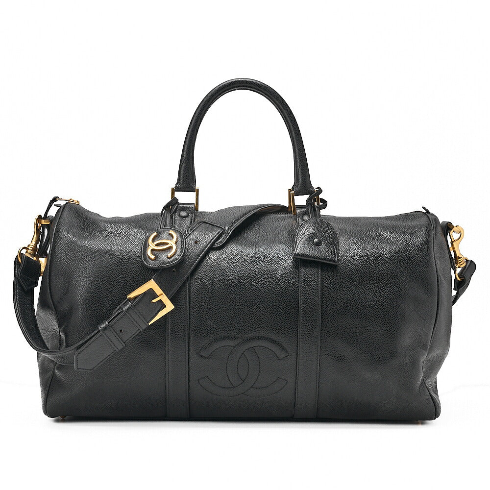 CHANEL Handbag Boston Bag 2-way Caviar Skin Coco Mark Black Gold-Tone Hardware, Pre-Owned