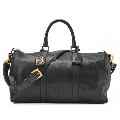 CHANEL Handbag Boston Bag 2-way Caviar Skin Coco Mark Black Gold-Tone Hardware, Pre-Owned