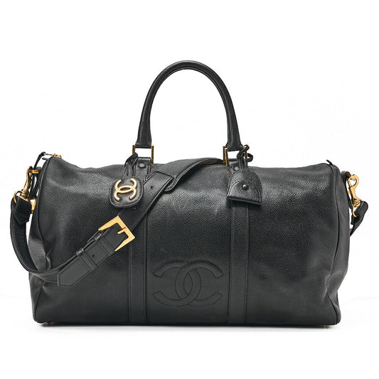 CHANEL Handbag Boston Bag 2-way Caviar Skin Coco Mark Black Gold-Tone Hardware, Pre-Owned