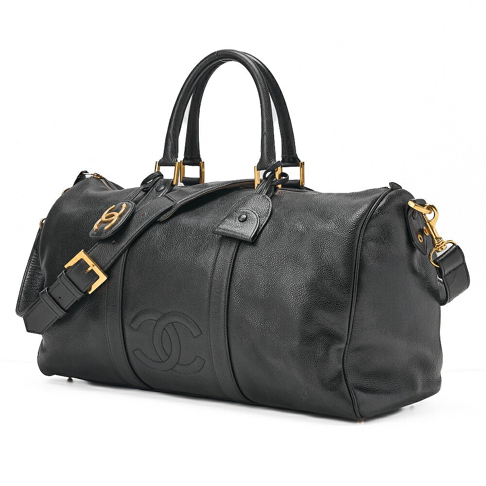 CHANEL Handbag Boston Bag 2-way Caviar Skin Coco Mark Black Gold-Tone Hardware, Pre-Owned