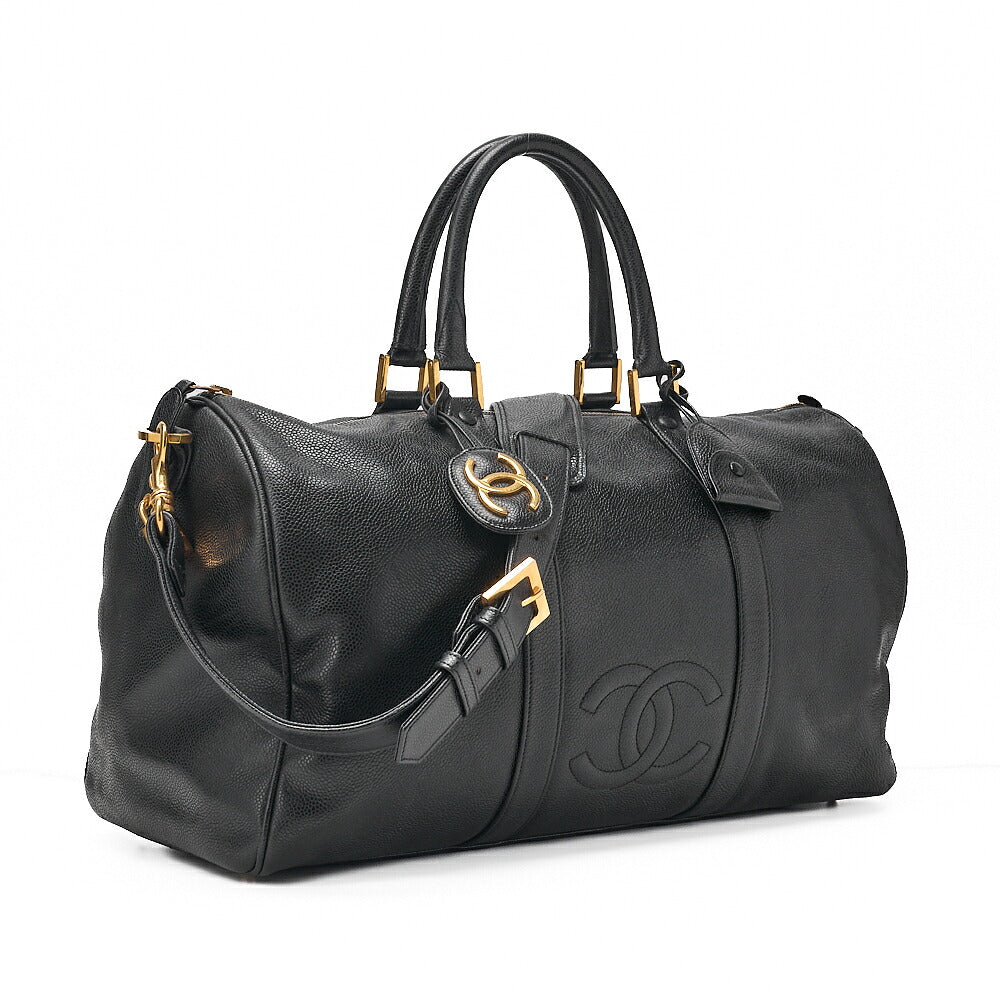 CHANEL Handbag Boston Bag 2-way Caviar Skin Coco Mark Black Gold-Tone Hardware, Pre-Owned