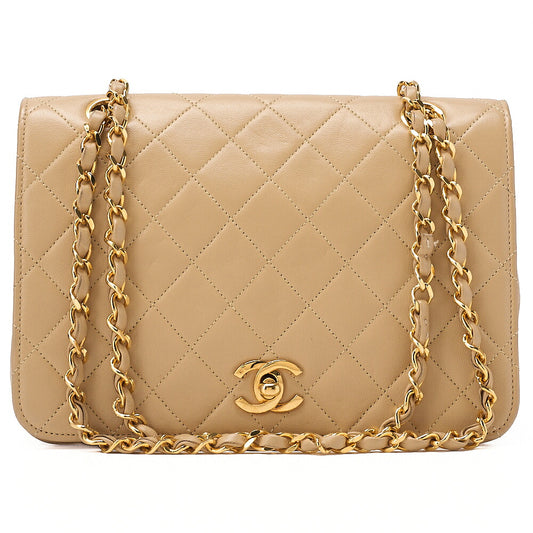CHANEL Lambskin Matelasse Full Flap 22cm Chain Shoulder Beige Gold-Tone Hardware, Pre-Owned