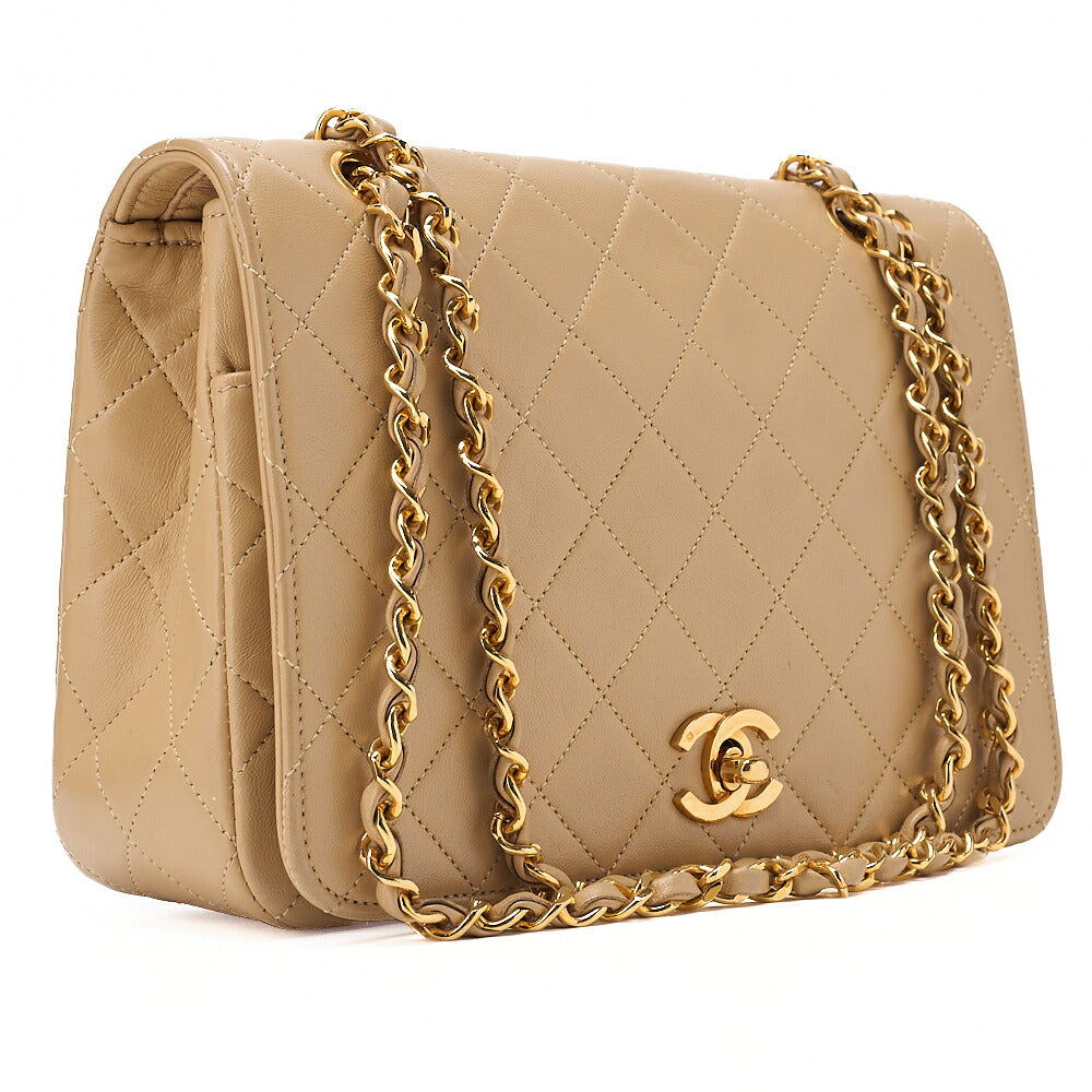 CHANEL Lambskin Matelasse Full Flap 22cm Chain Shoulder Beige Gold-Tone Hardware, Pre-Owned