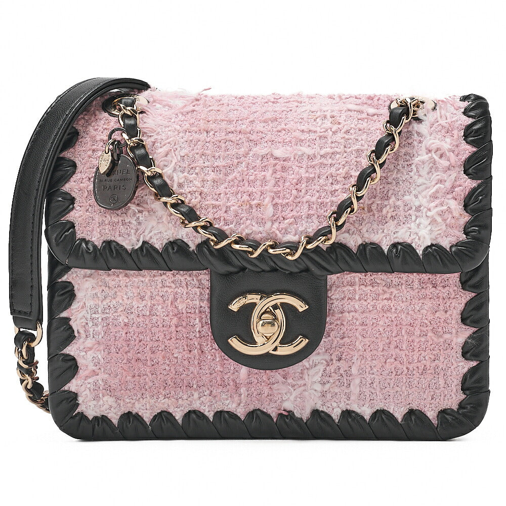 CHANEL Tweed x Lambskin Cruise Collection Chain Shoulder Bag Pink x Black Gold-Tone Hardware, Pre-Owned