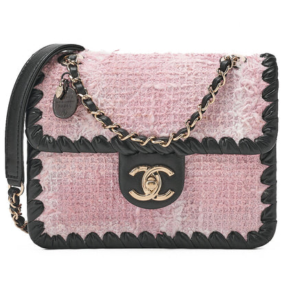 CHANEL Tweed x Lambskin Cruise Collection Chain Shoulder Bag Pink x Black Gold-Tone Hardware, Pre-Owned