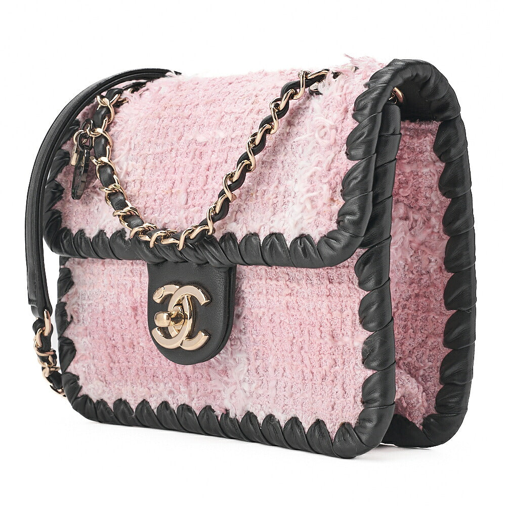 CHANEL Tweed x Lambskin Cruise Collection Chain Shoulder Bag Pink x Black Gold-Tone Hardware, Pre-Owned