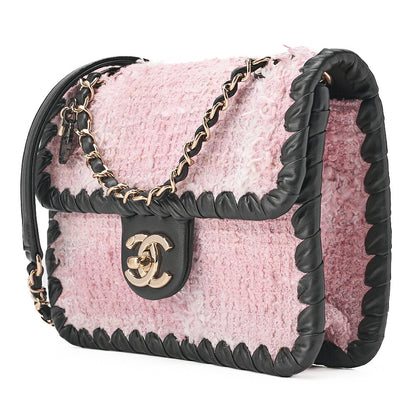 CHANEL Tweed x Lambskin Cruise Collection Chain Shoulder Bag Pink x Black Gold-Tone Hardware, Pre-Owned