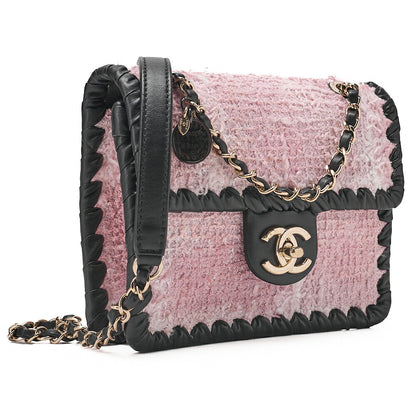 CHANEL Tweed x Lambskin Cruise Collection Chain Shoulder Bag Pink x Black Gold-Tone Hardware, Pre-Owned