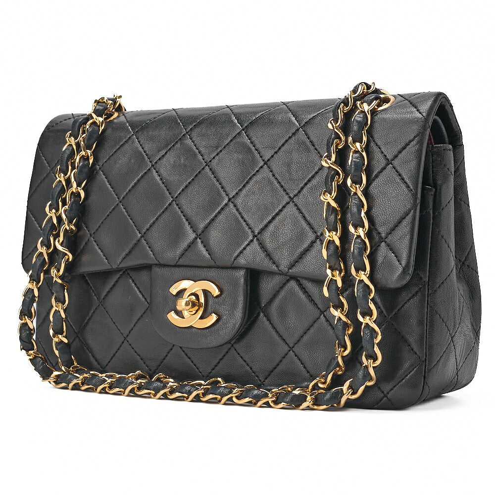 CHANEL Lambskin Matelasse Double Flap 23cm Chain Shoulder Black Gold-Tone Hardware, Pre-Owned