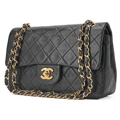 CHANEL Lambskin Matelasse Double Flap 23cm Chain Shoulder Black Gold-Tone Hardware, Pre-Owned