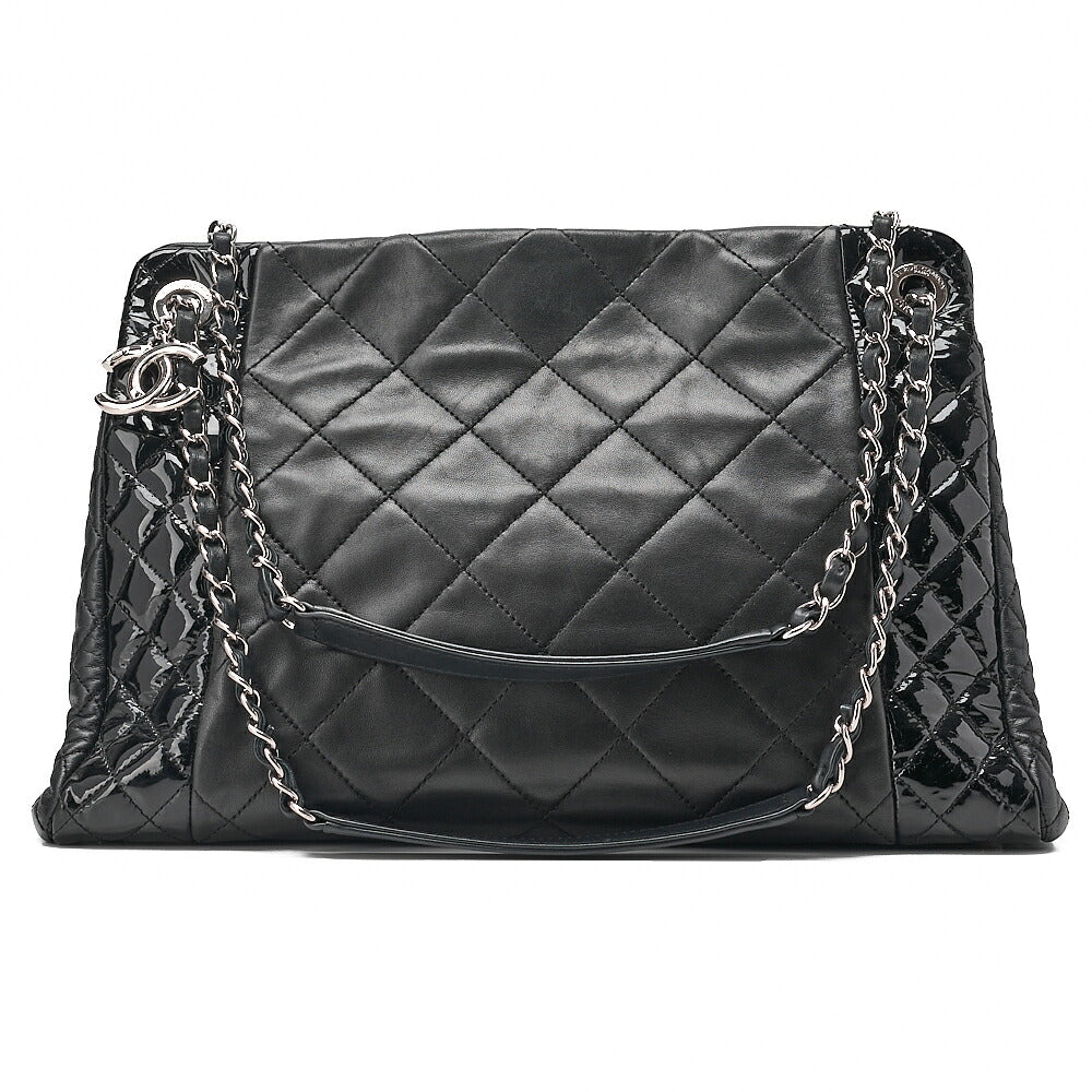 CHANEL Lambskin x Enamel Matelasse Coco Charm Chain Tote Bag Black Silver-Tone Hardware, Pre-Owned