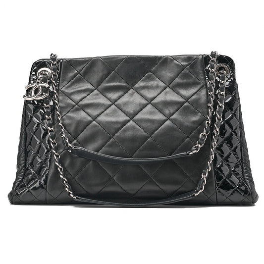CHANEL Lambskin x Enamel Matelasse Coco Charm Chain Tote Bag Black Silver-Tone Hardware, Pre-Owned