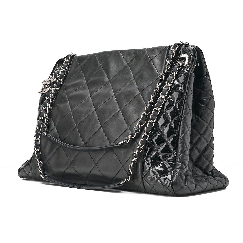 CHANEL Lambskin x Enamel Matelasse Coco Charm Chain Tote Bag Black Silver-Tone Hardware, Pre-Owned