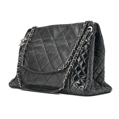 CHANEL Lambskin x Enamel Matelasse Coco Charm Chain Tote Bag Black Silver-Tone Hardware, Pre-Owned