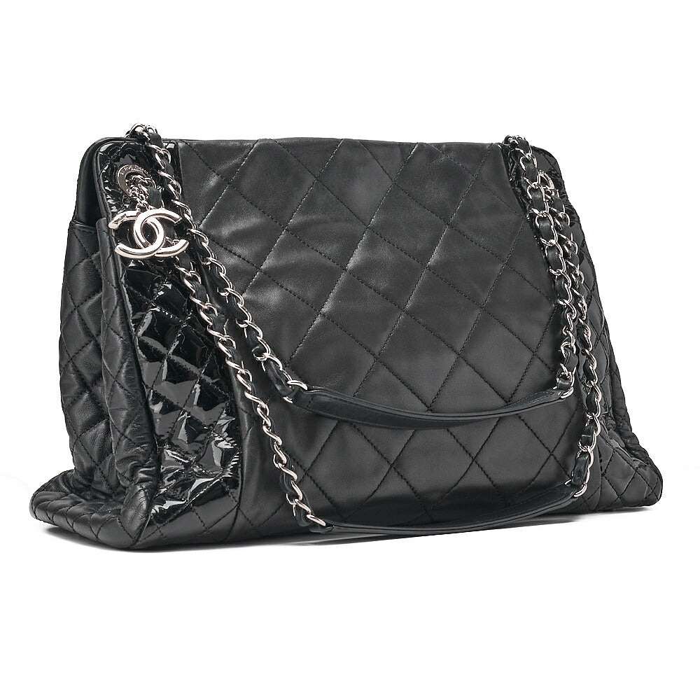CHANEL Lambskin x Enamel Matelasse Coco Charm Chain Tote Bag Black Silver-Tone Hardware, Pre-Owned