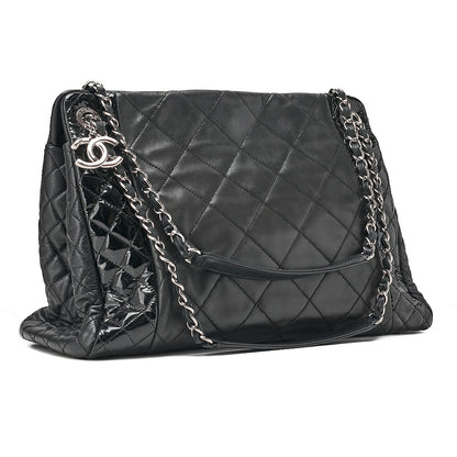 CHANEL Lambskin x Enamel Matelasse Coco Charm Chain Tote Bag Black Silver-Tone Hardware, Pre-Owned